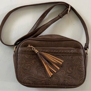 Brown Embossed Leather Crossbody Bag